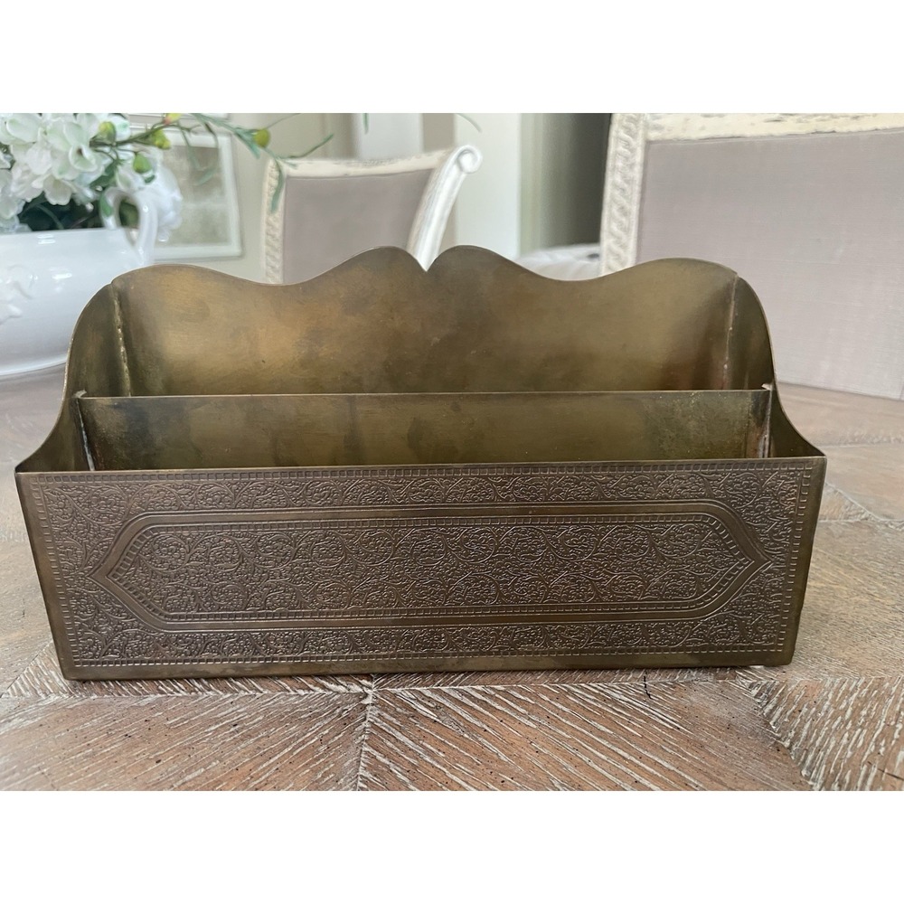 Vintage Brass Letter Mail Holder Double Slot Embossed Desktop Accessory